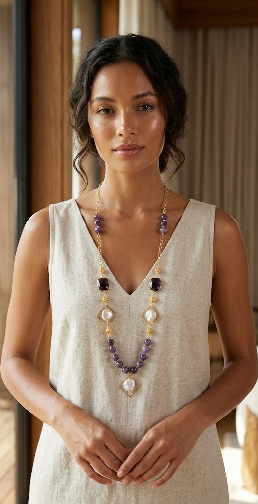 Collana artigianale lunga con pietre di ametista viola, perle barocche in rombi dorati su modella con vestito di lino chiaro.